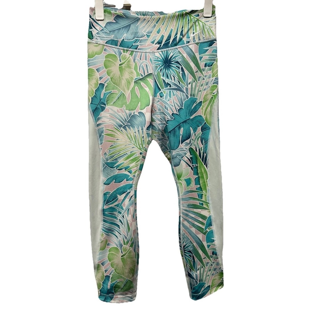 Nike Womens Dri-FIT Tropical Palm Leaf Print Mesh Panel Crop Leggings Green M